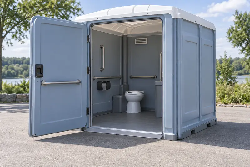Wide-entry portable restroom with level threshold