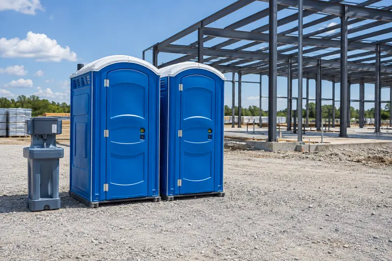 Temporary restroom cabins beside construction