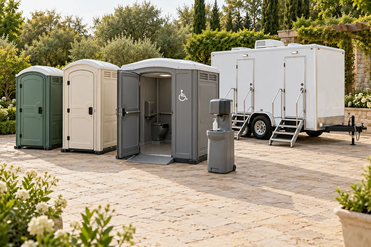 Illustrative garden setting with standard portable cabins, a wide-entry restroom, handwashing and a white trailer