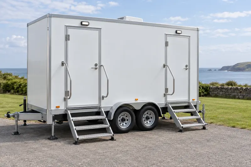 Restroom trailer with exterior stairs